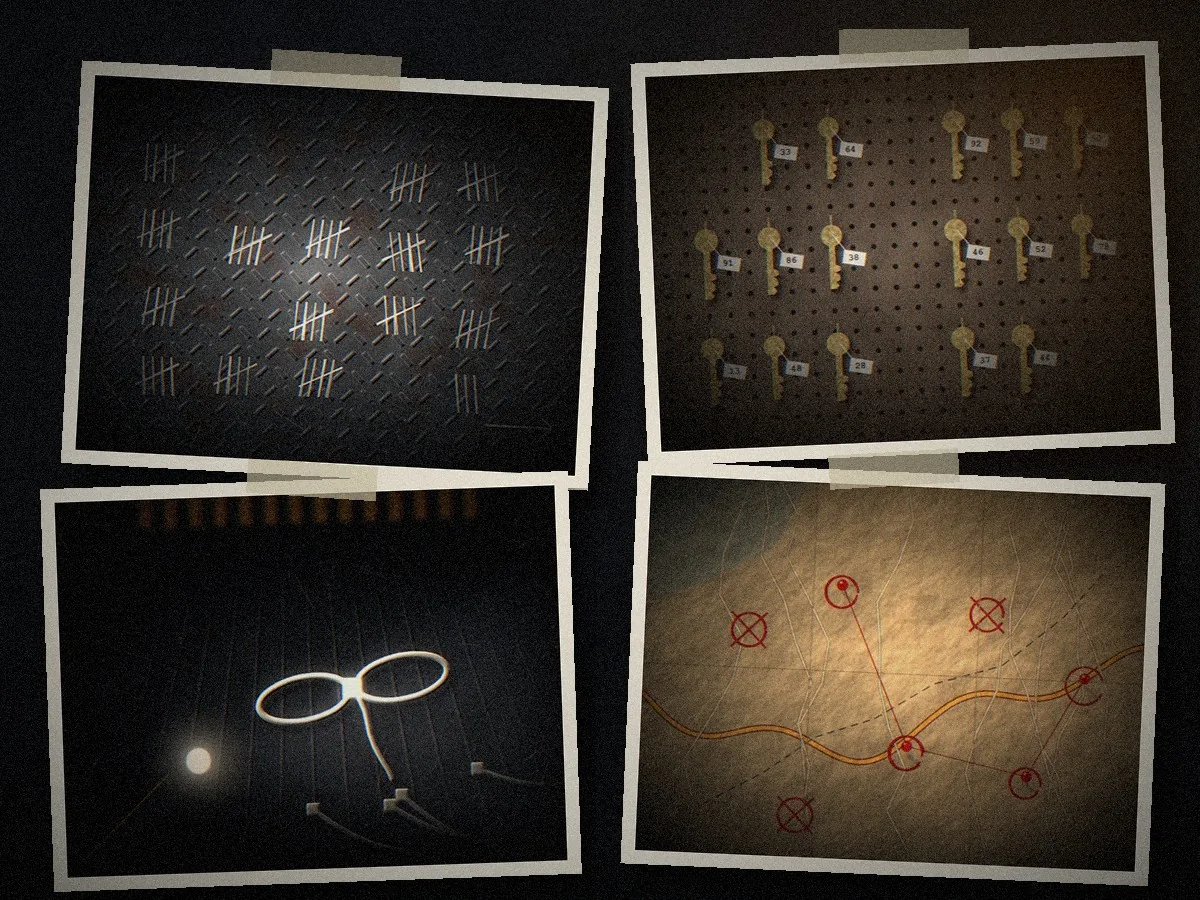 Murder Van concept art pinned to a board: tally marks scratched in the floor, a pegboard of tagged keys, cable ties in a torch beam and a map with circled pins