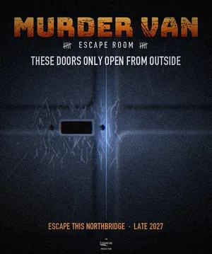Murder Van poster: rear van doors with the handle cut out, coming to Escape This Northbridge in late 2027